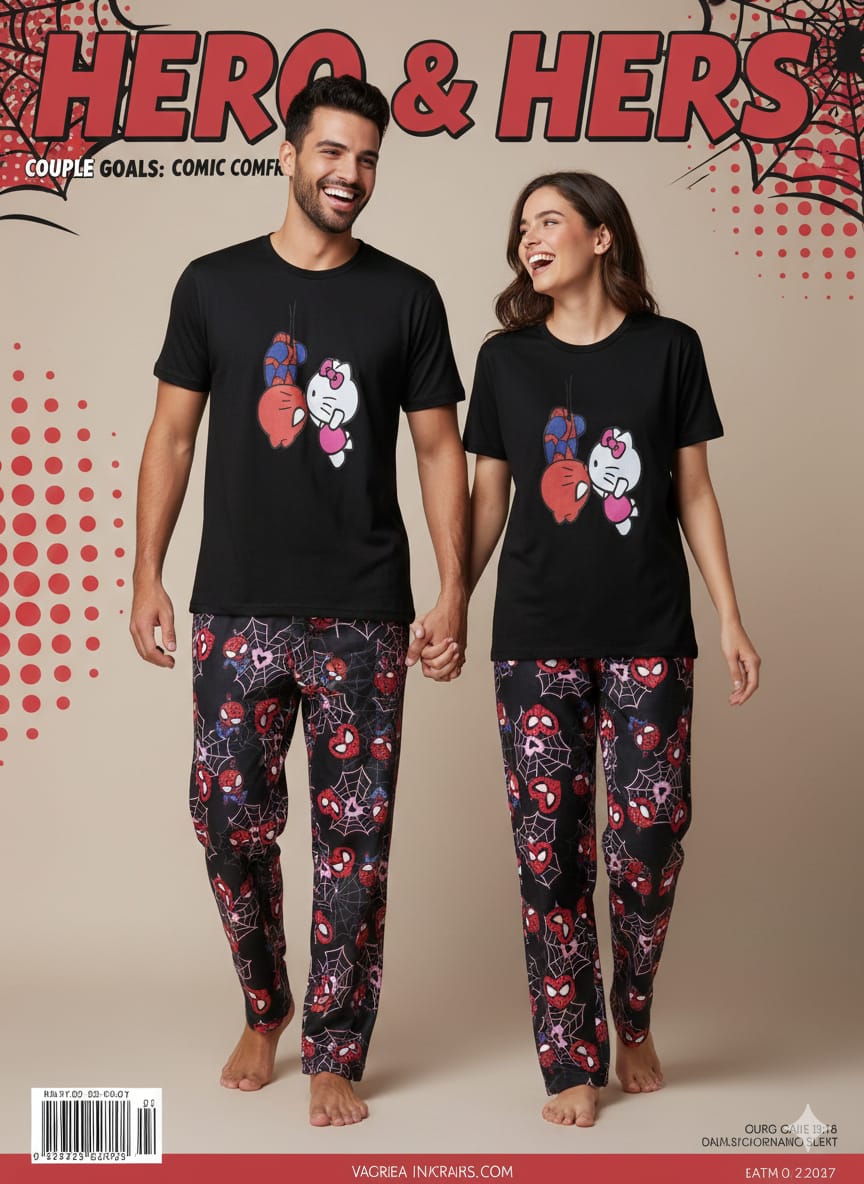 DUO PIJAMAS PAREJAS SPIDERMAN Y KITTY FRANEL NEGRO