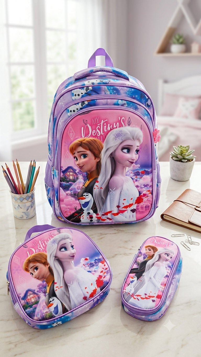 COMBO MOCHILA ESTAMPADO CON LUZ PERSONAJES ANA Y ELSA #2414