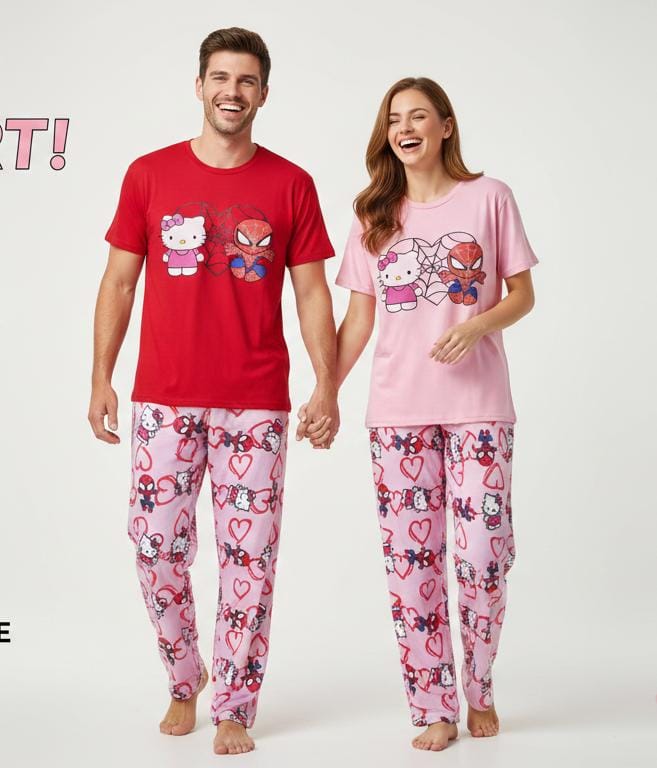 DUO PIJAMAS PAREJAS SPIDERMAN Y HELLO KITTY FRANEL