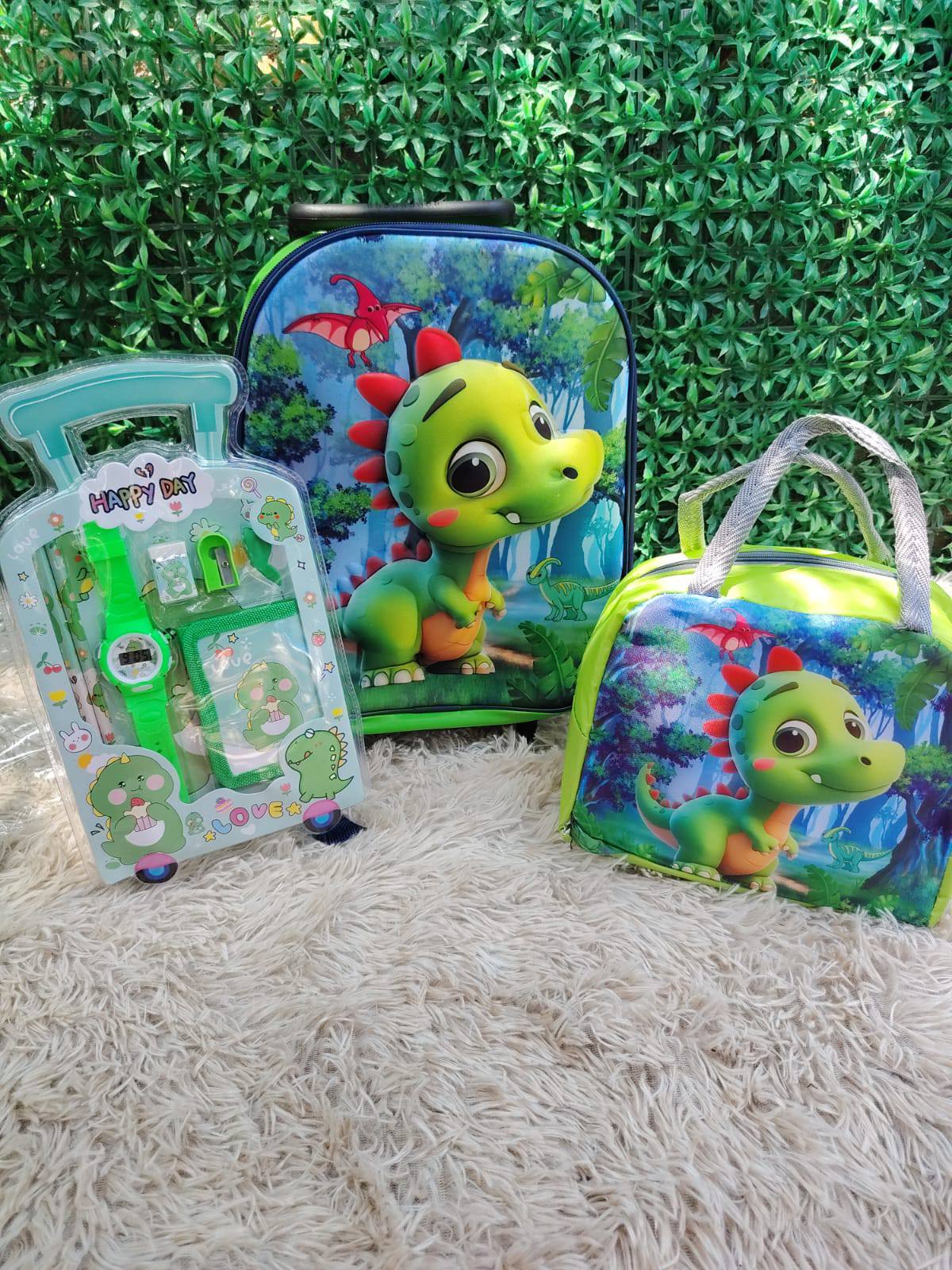 MOCHILA CARRITO CON LONCHERA Y KIT NIÑO DINOSAURIO