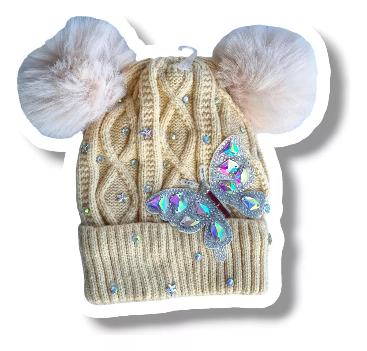 GORRO DE DOS POMPONES MARIPOSA BEIGE