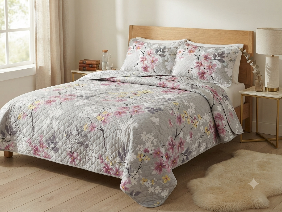 JUEGO DE CAMA 3 PIEZAS DISEÑOS GRIS CLARO FLOR CEREZO