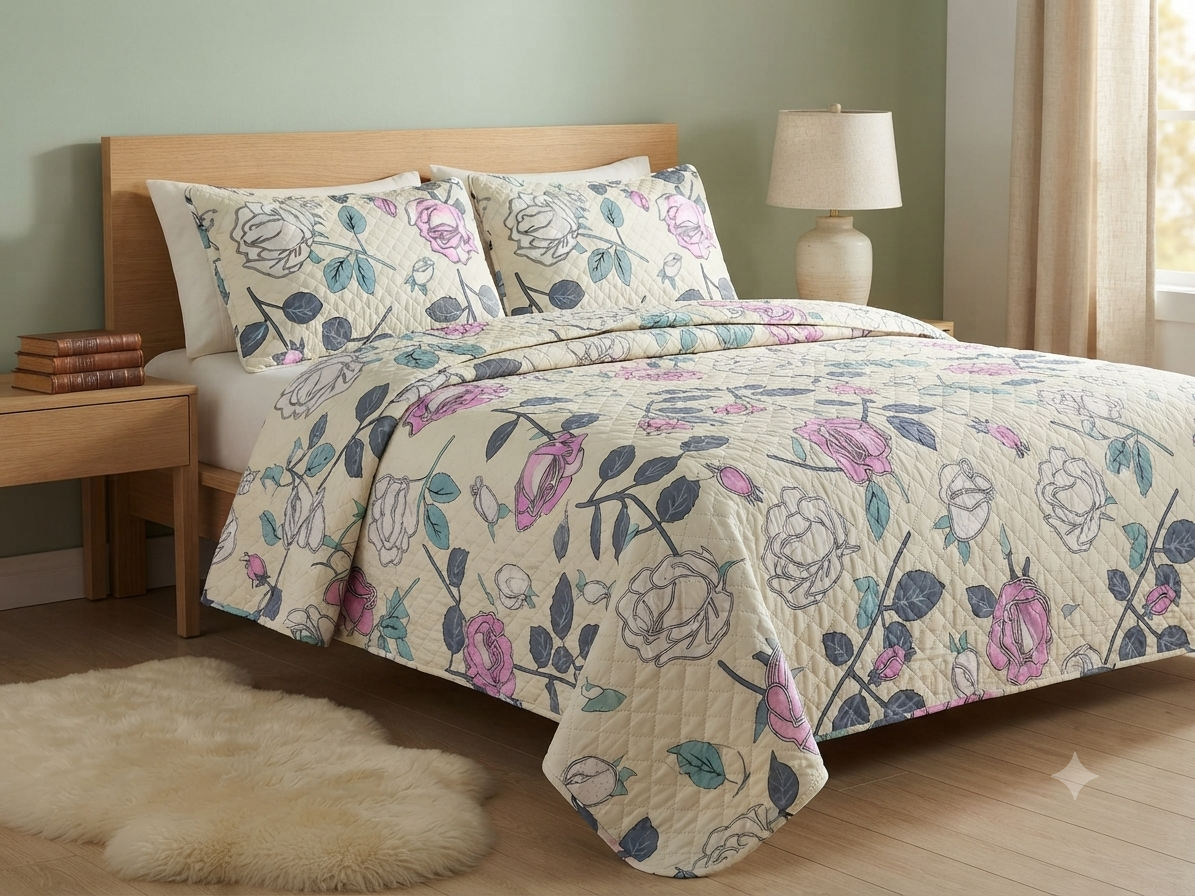 JUEGO DE CAMA 3 PIEZAS DISEÑOS HUESO ROSAS BLANCA/FUCSIA