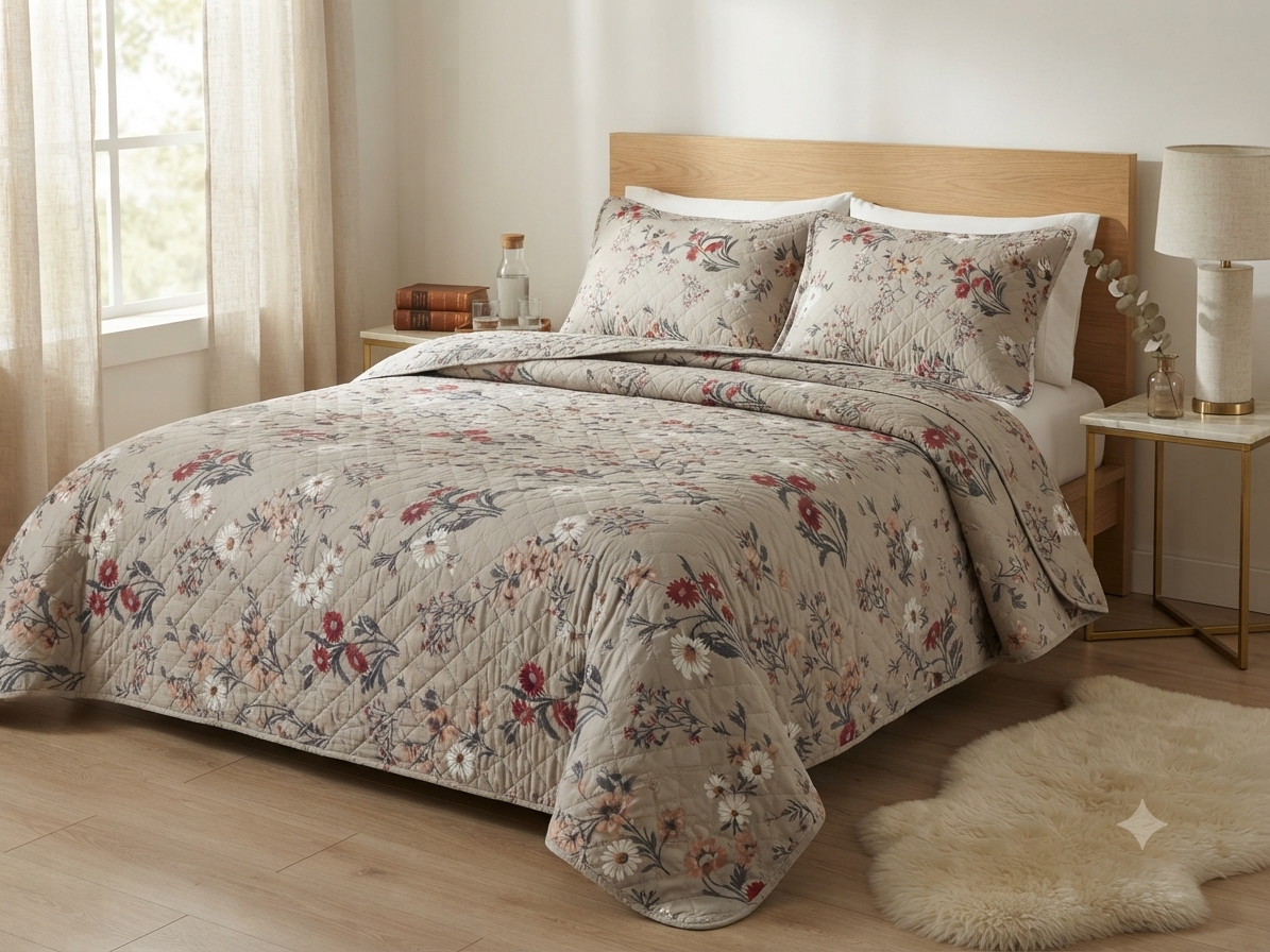JUEGO DE CAMA 3 PIEZAS DISEÑOS BEIGE FLOR ROJA/BLANCA/CORAL