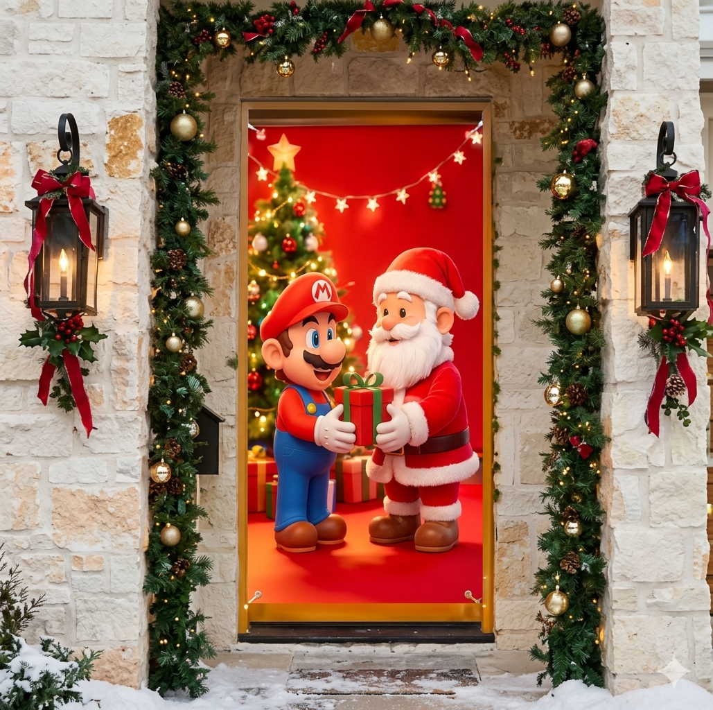 TELON CUBRE PUERTA NAVIDEÑA PERSONAJES MARIO BROSS