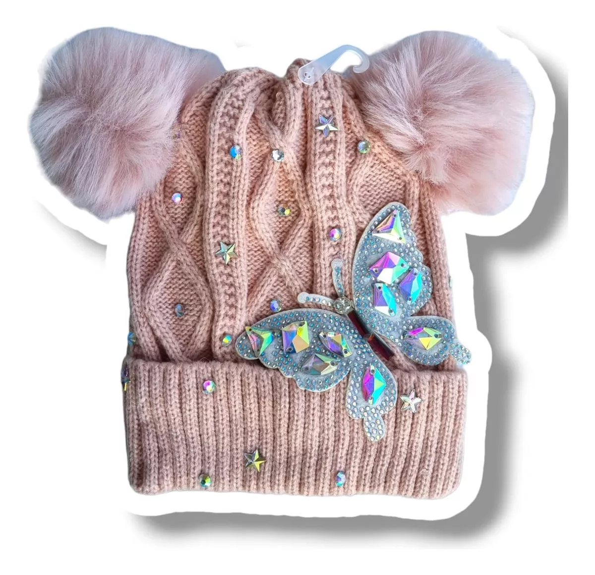 GORRO DE DOS POMPONES MARIPOSA ROSA CLARO