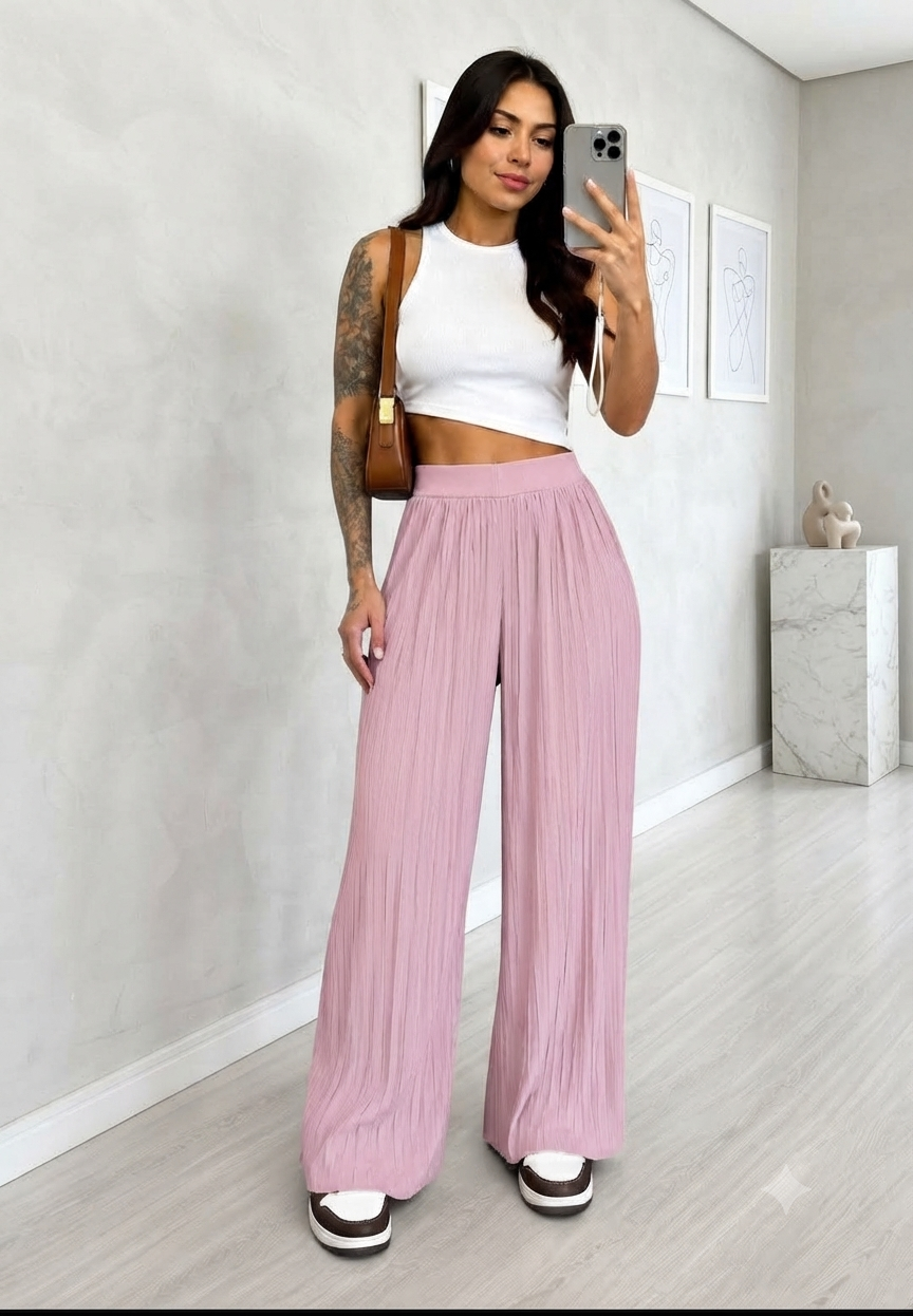 PANTALON TIPO PALAZZO PLIZADO ROSA PALO L