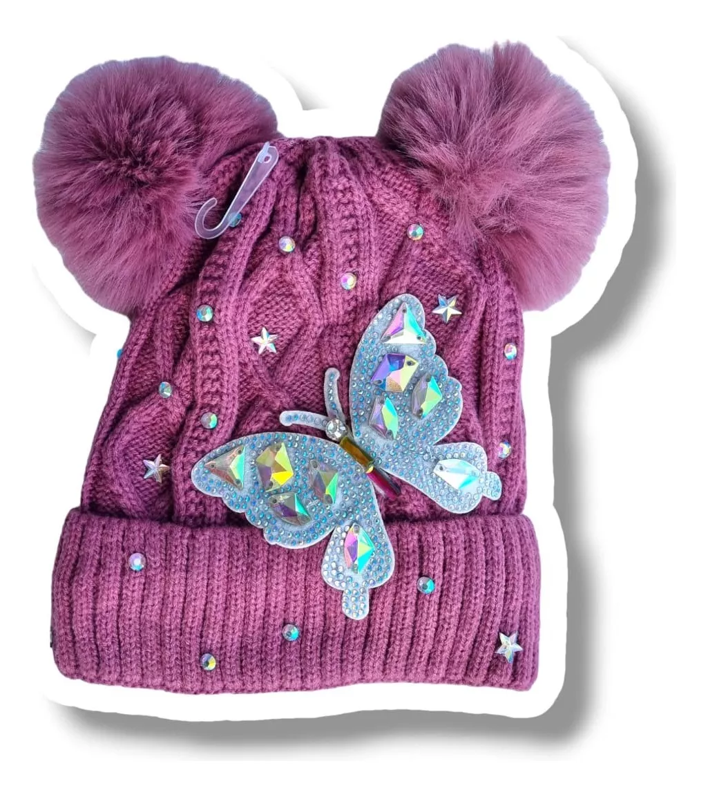 GORRO DE DOS POMPONES MARIPOSA ROSA PALO