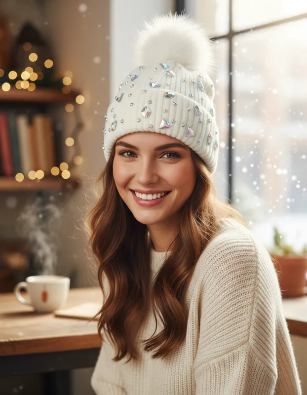 GORRO DE UN POMPON DIAMANTES BLANCO