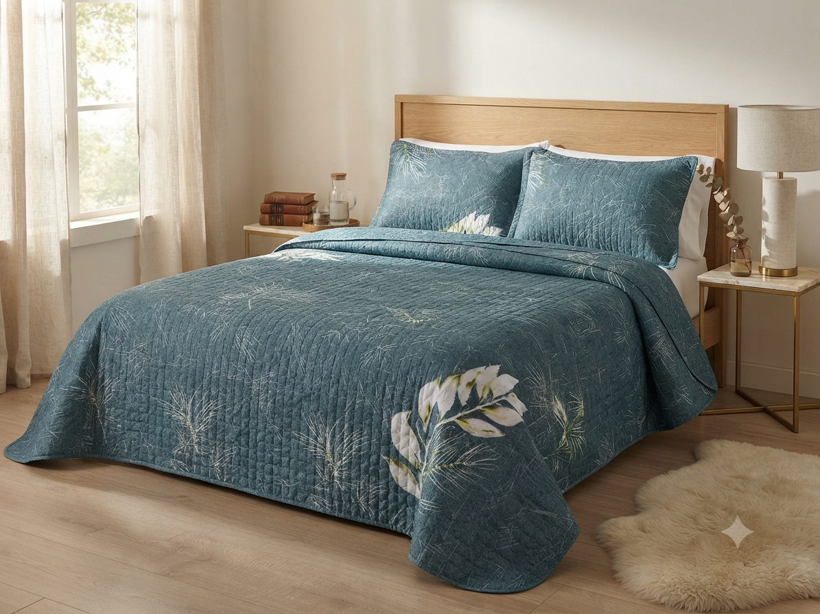 JUEGO DE CAMA 3 PIEZAS DISEÑOS GRIS AZULADO HOJA BLANCA/VERD