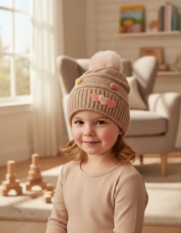 GORRO POMPON CORAZONES CAQUI