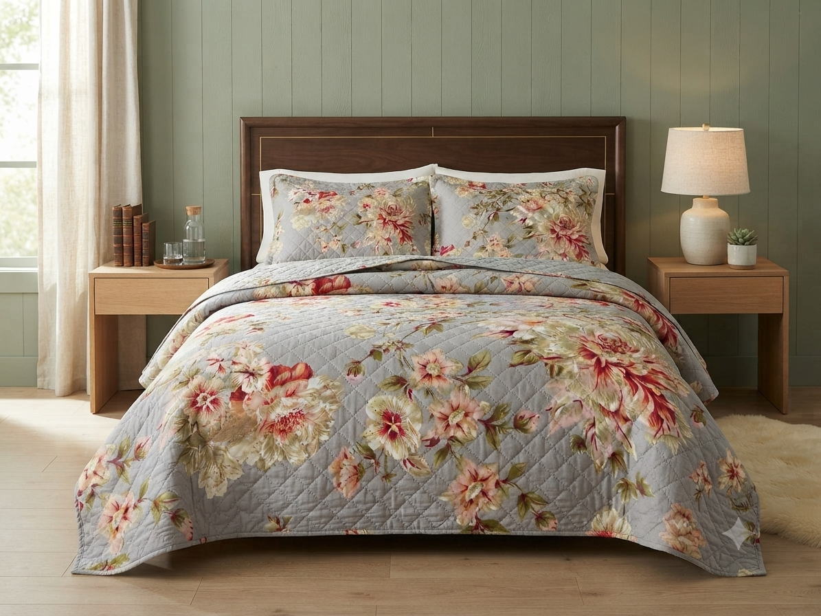 JUEGO DE CAMA 3 PIEZAS DISEÑOS GRIS ROSAS BLANCAS