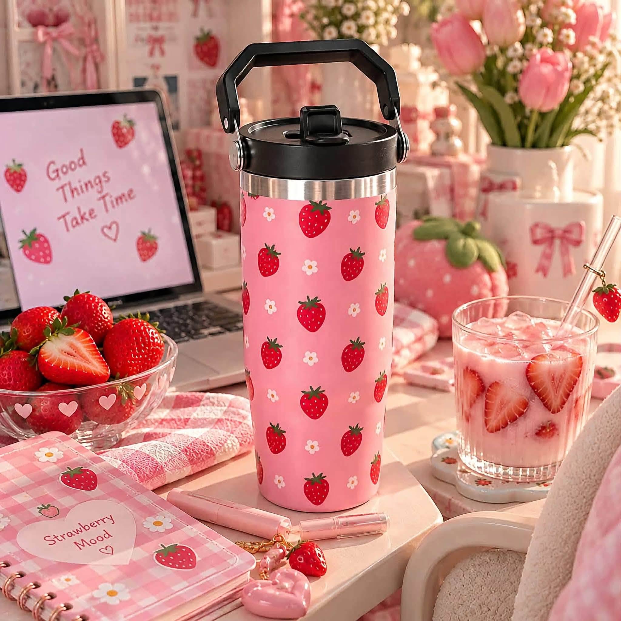 TERMO CON AGARRADERA 30 OZ (3871) FRESAS/ROSA