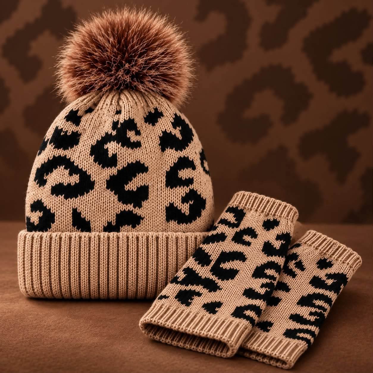 GORRO Y GUANTE LEOPARDO CAFE