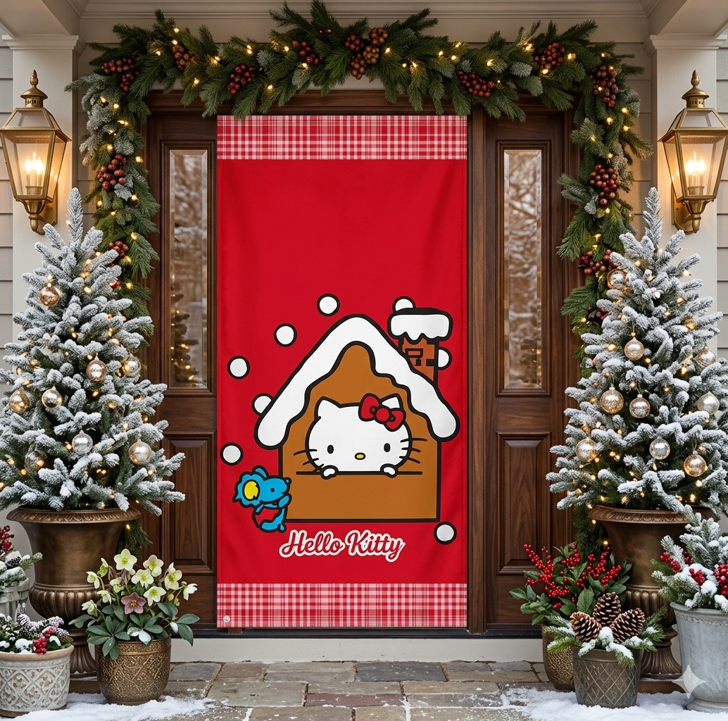 TELON CUBRE PUERTA NAVIDEÑA PERSONAJES HELLO KITTY