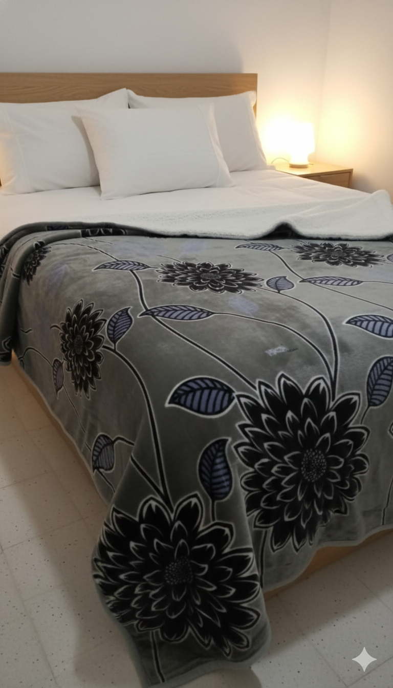 COBIJAS DISEÑOS GRIS FLORES NEGRA