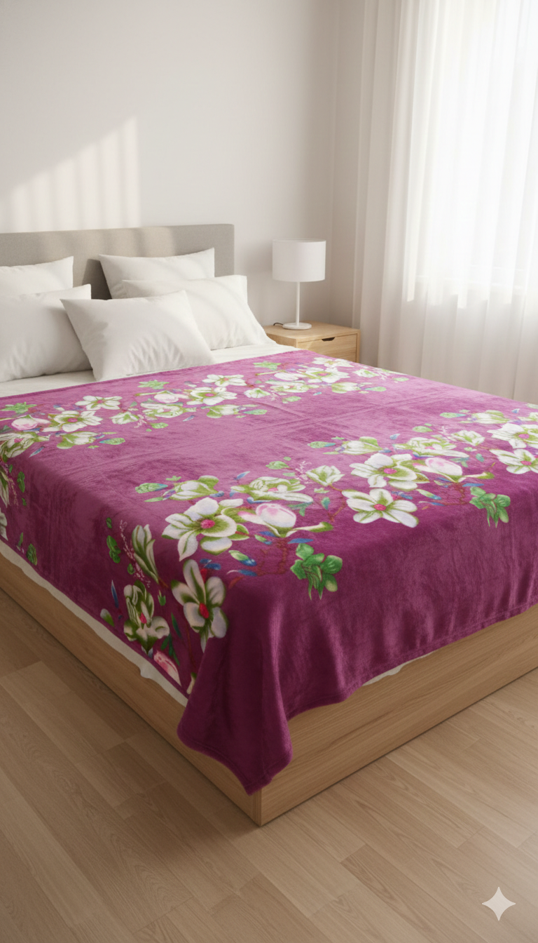 COBIJAS DISEÑOS MORADO FLORES BLANCAS