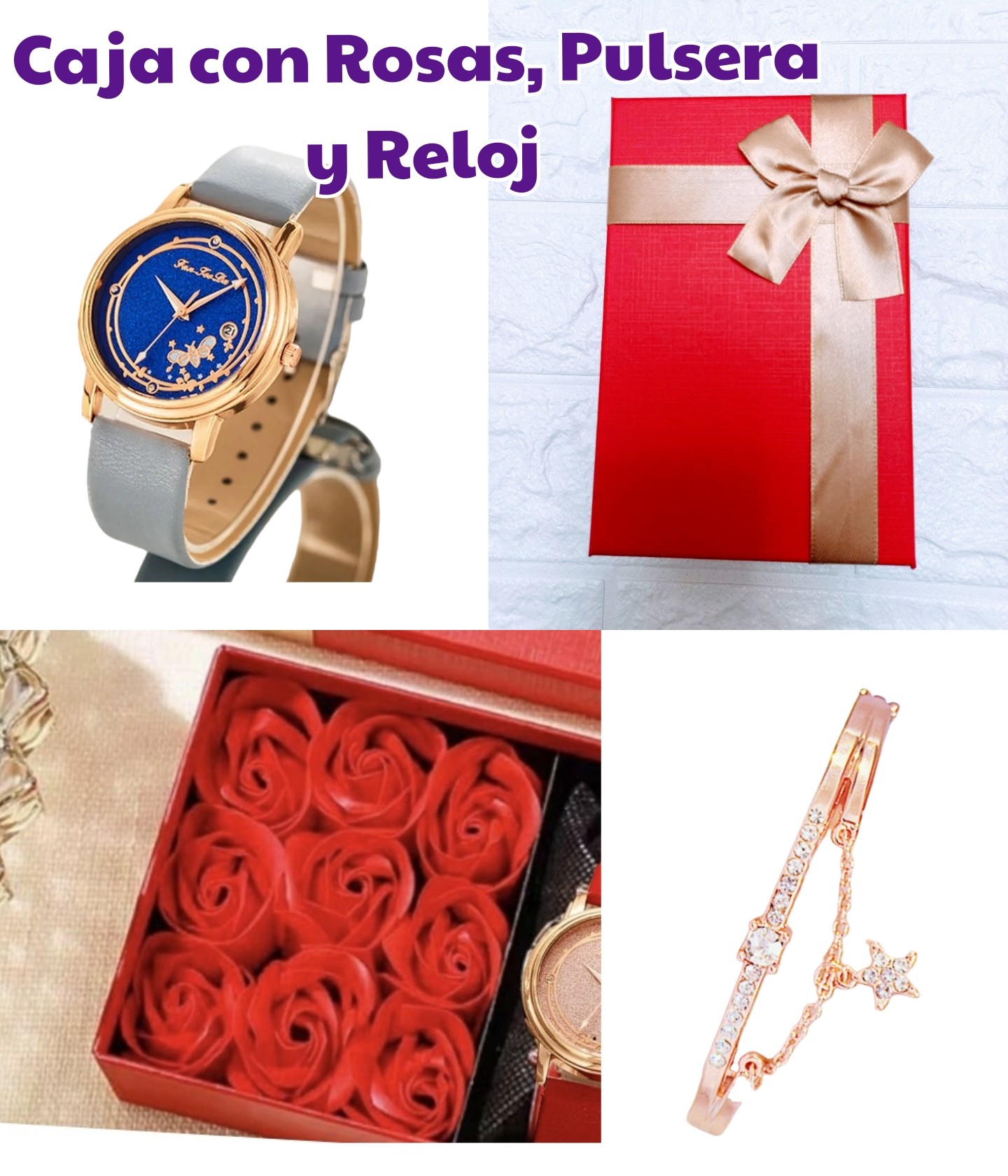 SET CON ROSAS PULSERA Y RELOJ (CAJA ROJA)