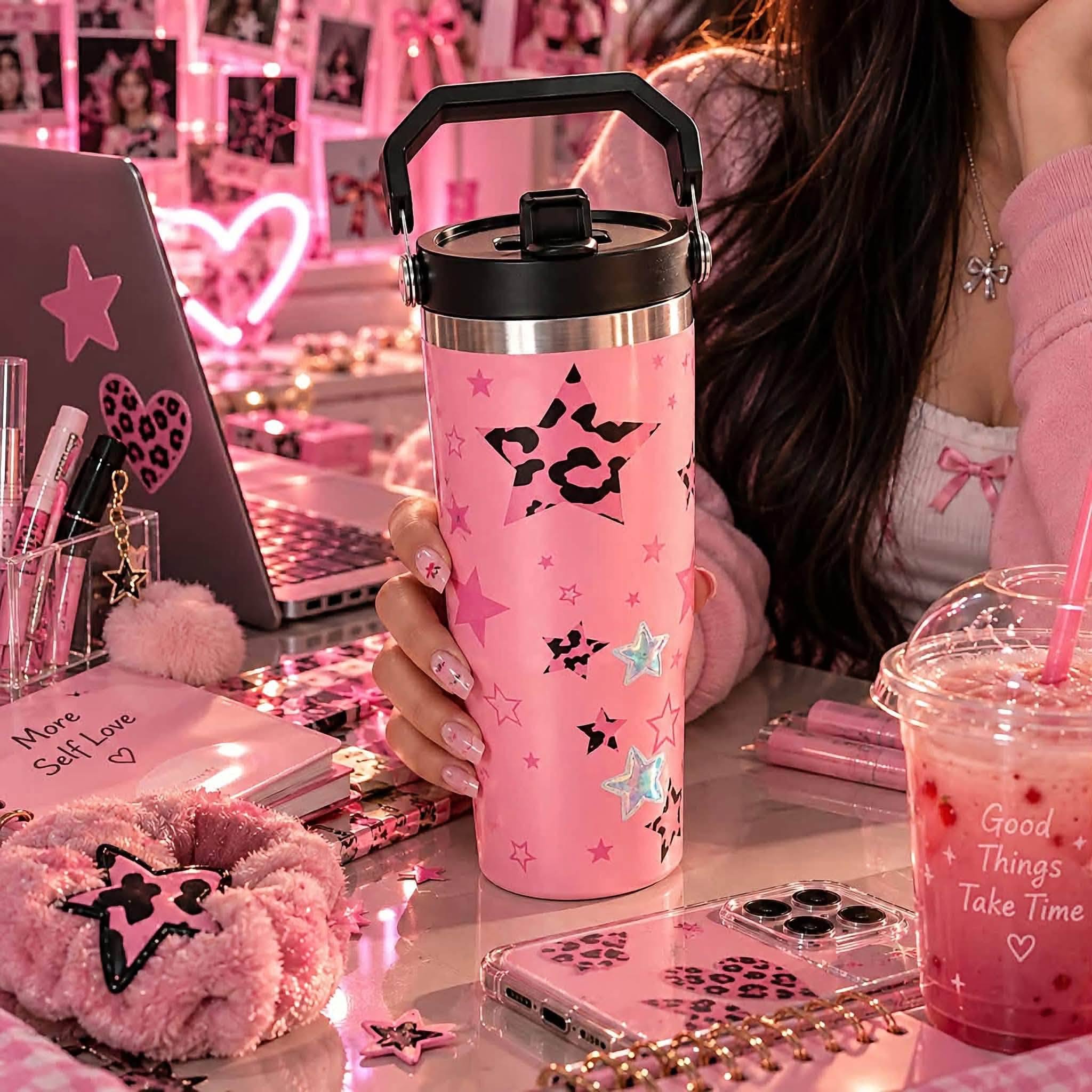 TERMO CON AGARRADERA 30 OZ (3871) ROSA/ESTRELLA
