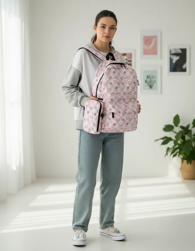 MOCHILA COMBOS DE CUADROS CUTE ROSA