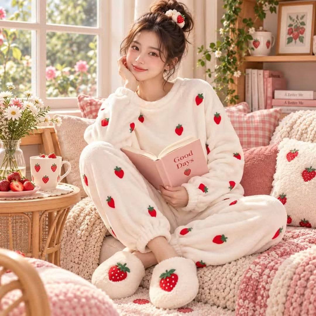CONJUNTO PIJAMA POLAR UNITALLA FRESAS BLANCO