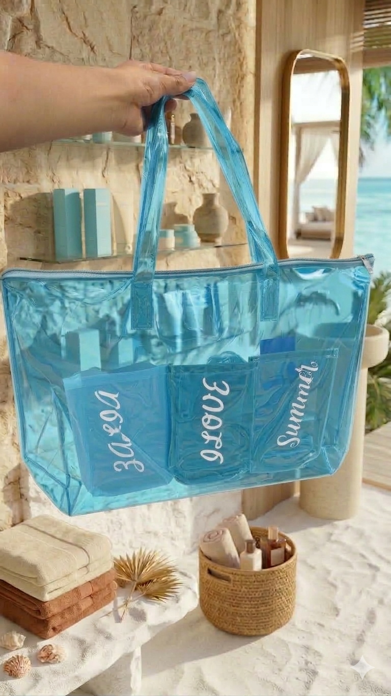 BOLSA TRANSPARENTE 3 BOLSILLOS CELESTE