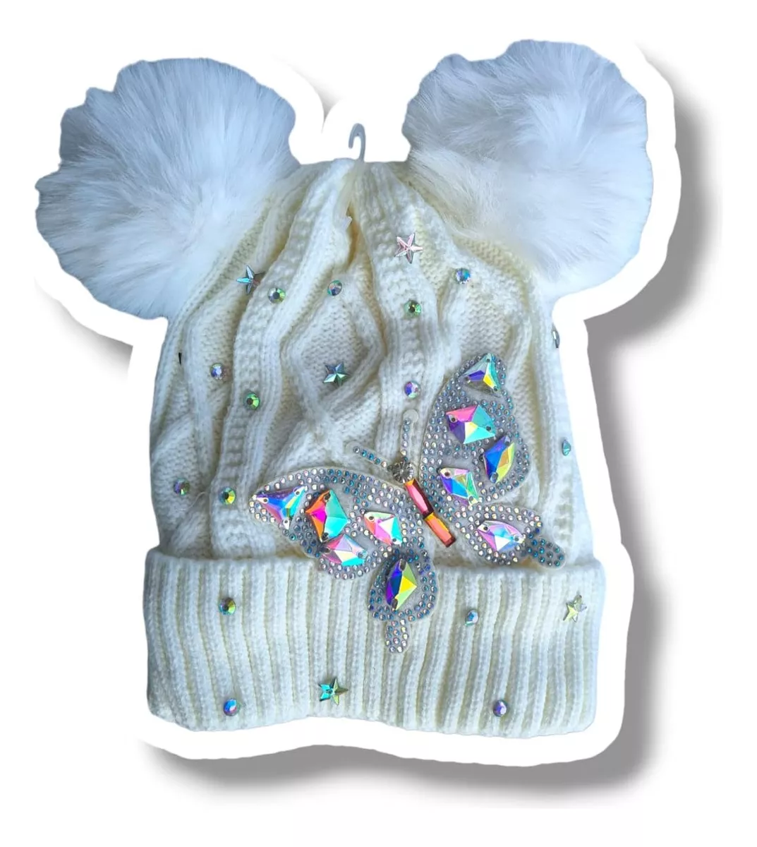 GORRO DE DOS POMPONES MARIPOSA BLANCO