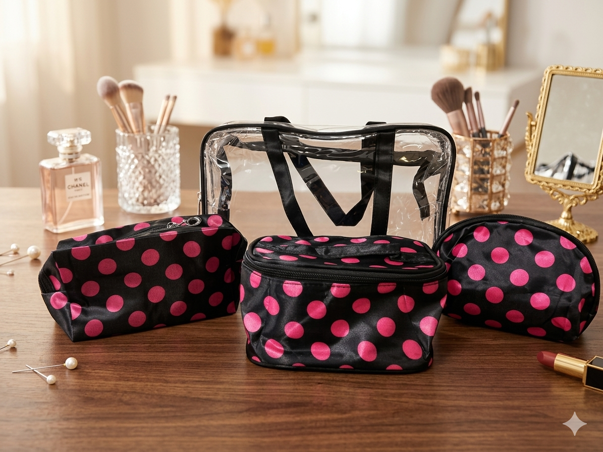 COMBO BOLSA TRANPARENTE BOLITAS NEGRO/ROSA