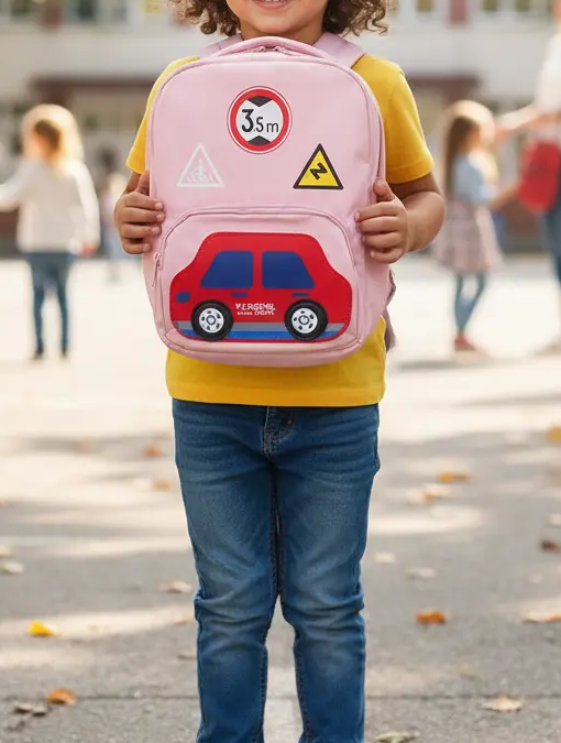 MOCHILA PARA NIÑOS BORDADO CARRITO ROSA