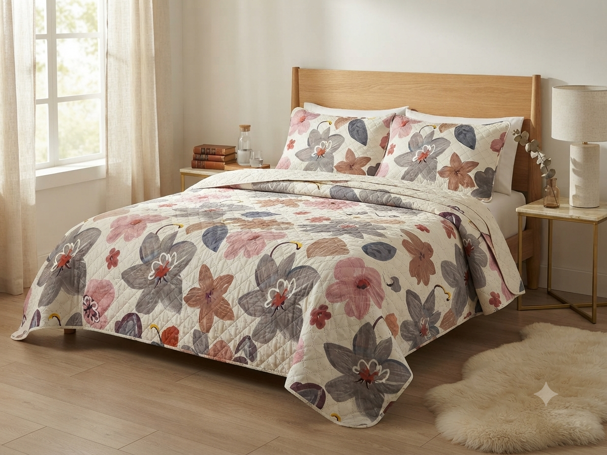 JUEGO DE CAMA 3 PIEZAS DISEÑOS BLANCO FLORES GRIS/CAFE/ROSA