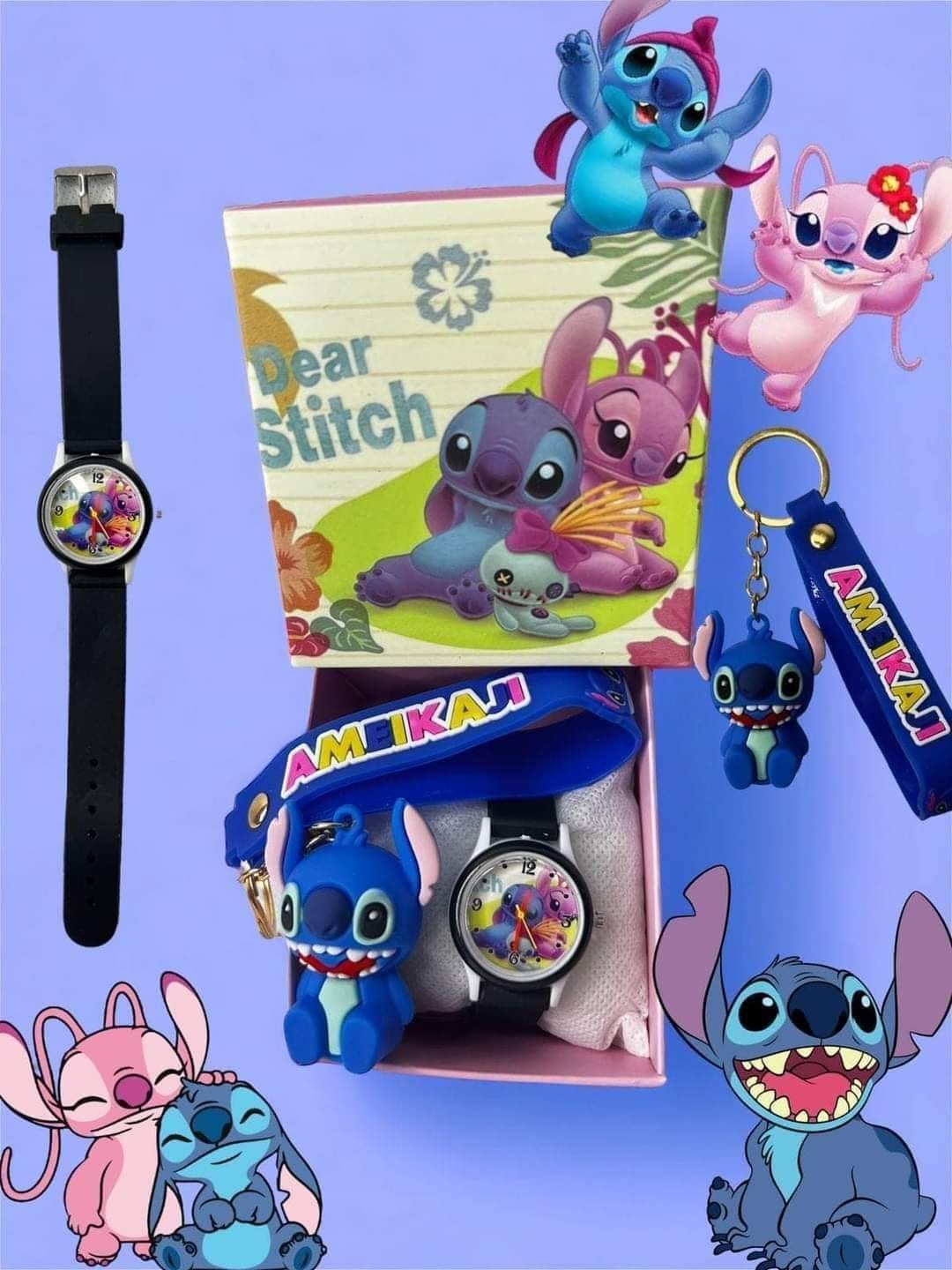 SET DE RELOJ Y LLAVERO STITCH ROSA